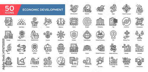 Economic Development collection set. Development, Finance ,World Financial, Global Economy, Transaction, Growth, Increase , Market Research, Strategy, icon. Simple Outline vector illustrati
