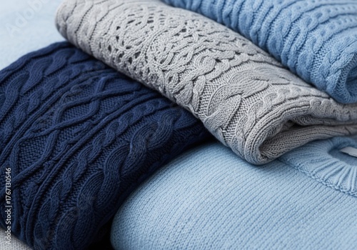 Luxurious cashmere sweaters in blue and grey, showcasing diverse knit patterns
