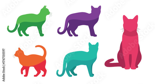 Colorful silhouettes of various cats in different poses and positions
