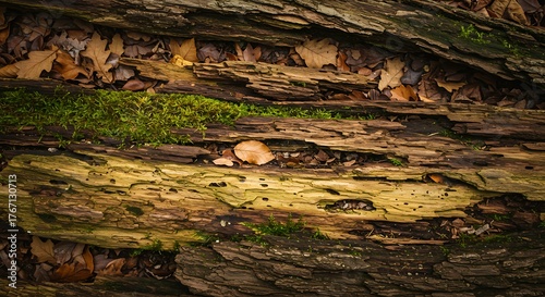 Close-up of a decaying log with vibrant moss and fallen leaves in a forest.