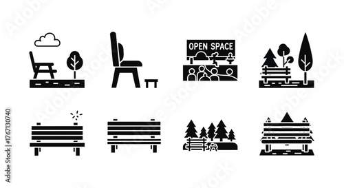 Collection of black silhouette icons representing outdoor furniture and park elements