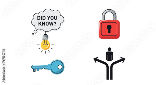 A padlock lightbulb key and person at a crossroads symbolize knowledge