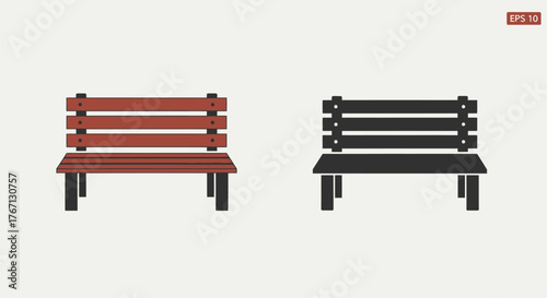 Two wooden park benches one brown and one black isolated on white