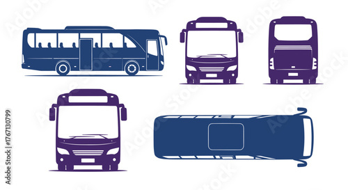 Detailed blueprint style illustrations of a modern public transport bus