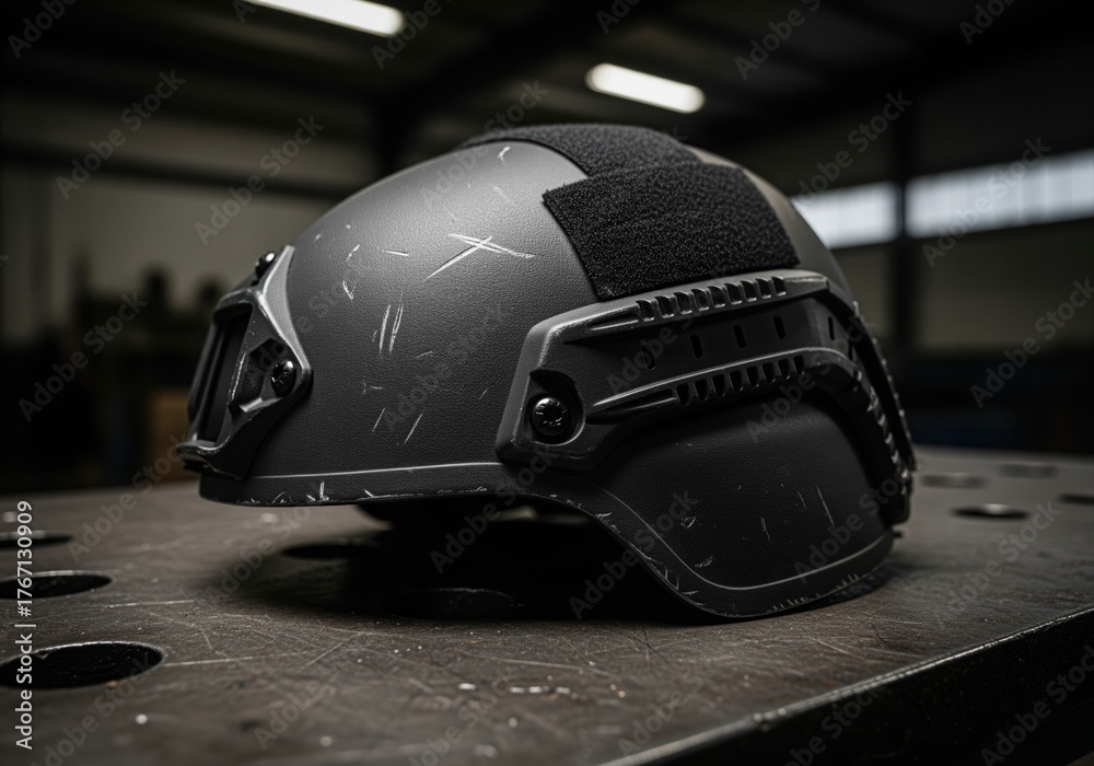 Fototapeta premium Durable matte black tactical military helmet with battle scars