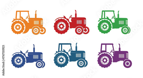 Colorful tractor silhouettes illustrate agricultural machinery in a simple graphic style
