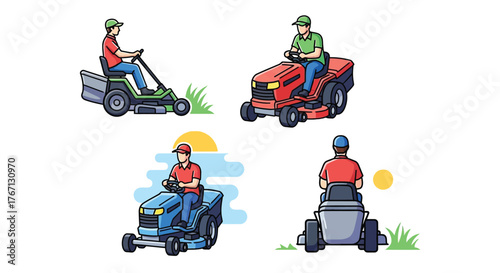 Illustrative set depicting people operating various lawn mowing equipment outdoors