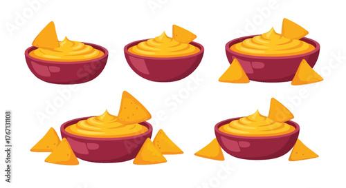 Colorful cartoon illustration of cheese dip with tortilla chips in bowls