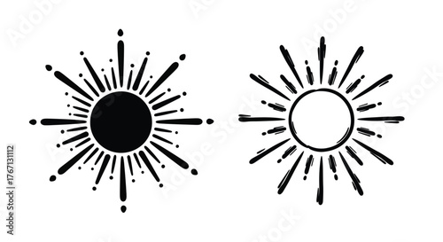 Two stylized sunburst designs featuring radiating lines and central circles