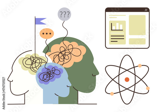 Human profiles with tangled lines representing thoughts, speech bubbles, data charts and an atomic model. Ideal for creativity, teamwork, innovation, knowledge, problem-solving, research