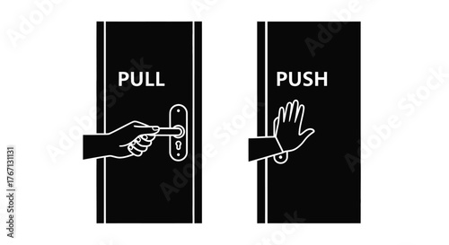 Contrasting door signs illustrate pull and push with hand illustrations