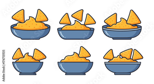 Colorful illustration depicts six bowls filled with cheese flavored tortilla chips
