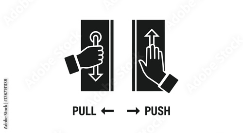 Black and white depiction of pull and push door symbols with hands