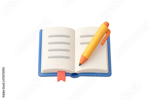 Cartoonish, stylized illustration of an open notebook with a pen resting on top. Set against transparent background.