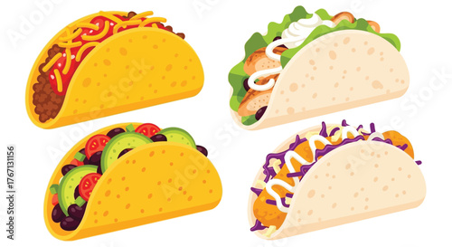 Delicious cartoon tacos with various fillings a colorful food illustration