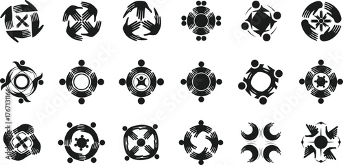 Abstract teamwork icons, collaboration symbols, meeting table graphics, group discussion design, corporate unity illustration, business communication concept 
