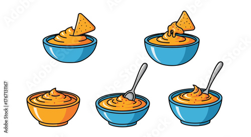Cartoon illustration of cheese dip with tortilla chips and silver spoons