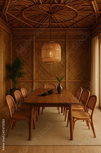Rustic, Intricate Bamboo Woven Dining Room with Dark Wood Table, Rattan Chairs, and Unique Dome Ceiling