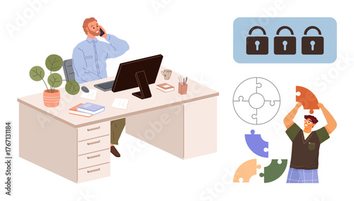Worker at desk on phone, puzzle pieces and locks symbolizing problem-solving, collaboration, innovation, privacy, cybersecurity, teamwork, goal achievement. Ideal for business and security simple