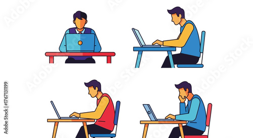 Four illustrations of men working on laptops in various positions