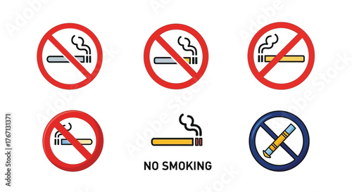 Collection of no smoking signs with cigarettes and vaping symbols visible