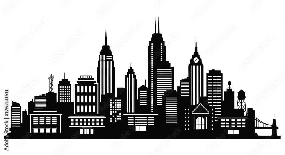 Fototapeta premium Black and white skyline illustration of a dense urban cityscape