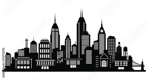 Black and white skyline illustration of a dense urban cityscape
