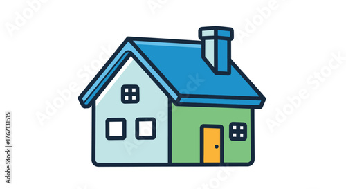 Simple illustration of a cozy house with a blue roof and green walls