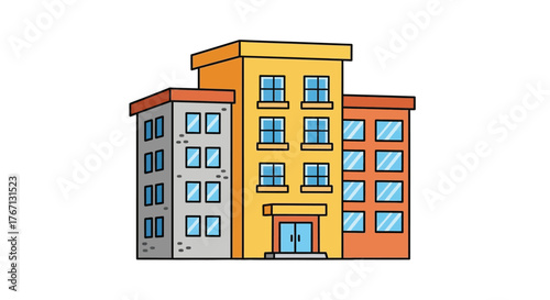 Simple cartoon drawing of a colorful three story building facade