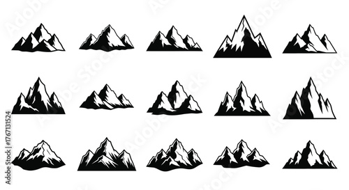 A collection of stylized black mountain silhouettes arranged in neat rows