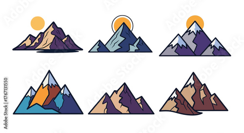 Stylized mountain range illustrations in various color palettes and designs