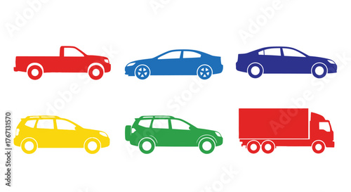 Colorful silhouettes of various vehicle types arranged in a simple row