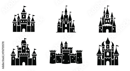 A collection of fairytale castle silhouettes in a black and white design