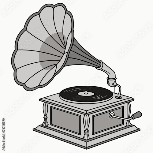 Antique gramophone with a large horn and vinyl record phonograph record player