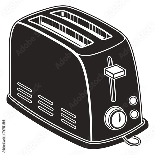 Black and white illustration of a retro toaster with chrome accents kitchen appliance