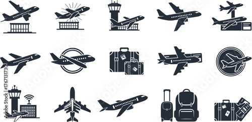 Airplane, airport travel icons, aviation vector set, luggage, control tower, flight symbols, airline journey, tourism, vacation, business trip, transportation