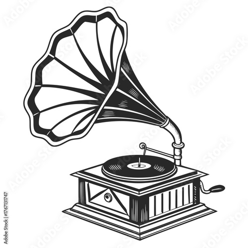 Vintage Gramophone with Horn and Record on White Background antique record player