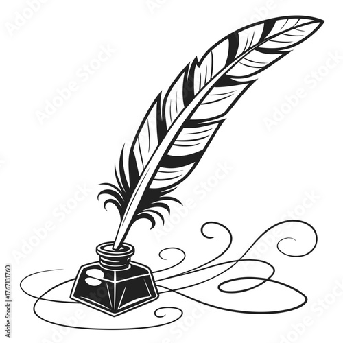 Elegant Quill Pen and Inkwell with Swirls Illustration writing vintage