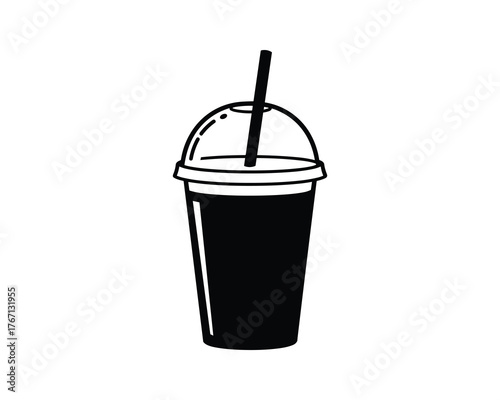Disposable Takeaway Drink Cup with Domed Lid and Straw Black White Vector Icon