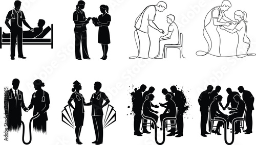 Medical professionals and patients in hospital scenes, healthcare teamwork, doctor consultation, nurse support, clinical care, treatment, diagnosis, and recovery illustration