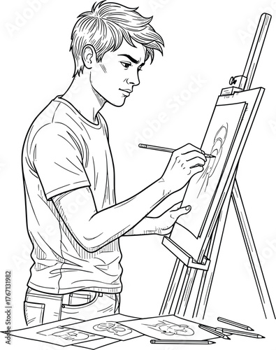 Artist painting at easel, creative studio workspace, focused painter with sketches, artistic process, drawing inspiration, fine art creation, modern illustration