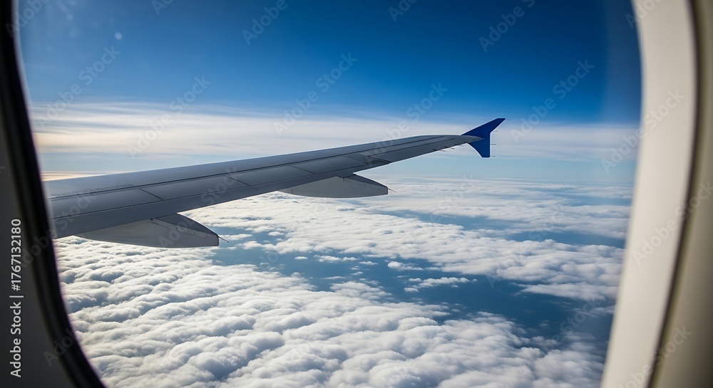 Fototapeta premium View of an airplane wing from the window, flying high above a sea of white clouds.