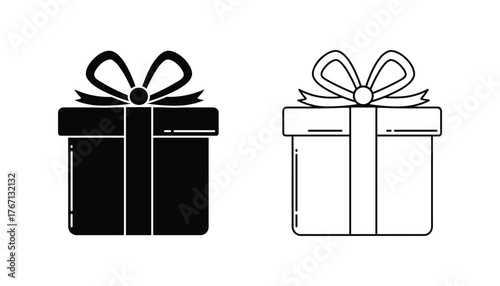 Gift box black silhouette and outline icon isolated on white background present surprise package