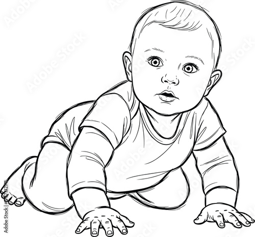 Baby crawling line drawing, cute infant sketch, newborn child illustration, toddler artwork, childhood development concept, parenting resource, educational anatomy study