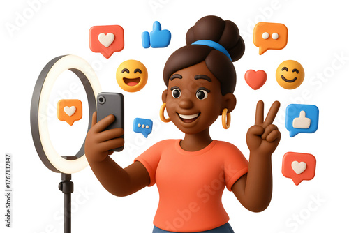 Young woman taking a selfie with her smartphone surrounded by social media elements. Set against neutral, transparent background, cartoonish iconic style.
