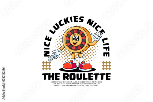 Roulette wheel retro cartoon character throwing dices and thumbs up for gamble and casino. Gambling lucky wheel with dice playful cartoon mascot for jackpot game and entertainment
