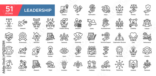 Leadership collection set. Initiative, Optimization ,Skills, Problem Solving, Leadership, Credibility , Performance, Tchnical Support, icon. Simple Outline vector illustrati