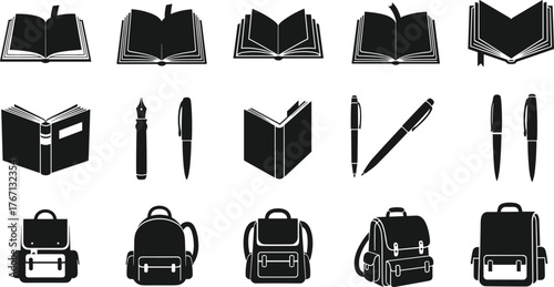 Black and white education icons, open books, closed books, writing tools, pens, pencils, fountain pen, backpacks, school supplies, learning, study