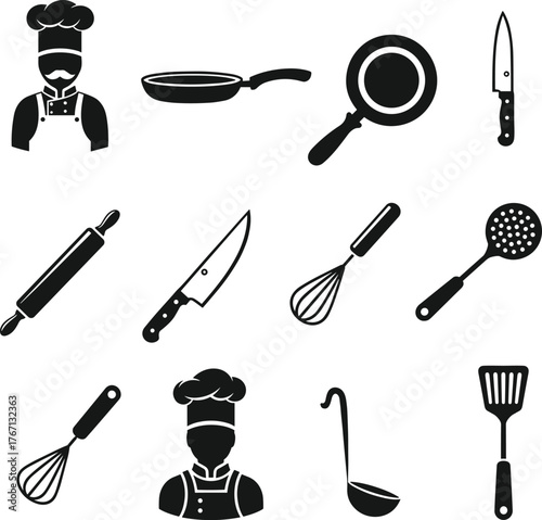 Black and white kitchen icons, cooking utensils, chef hat, frying pan, knife, whisk, spatula, rolling pin, ladle, culinary tools, food preparation, restaurant equipment, kitchenware, professional chef