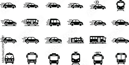 Black vehicle icons set, car bus van train symbols, transportation silhouette collection, automotive pictogram pack, public transport design elements vector